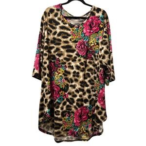 Southern Charm Leopard Floral Tunic Top 3XL 3X Long Sleeve V Neck